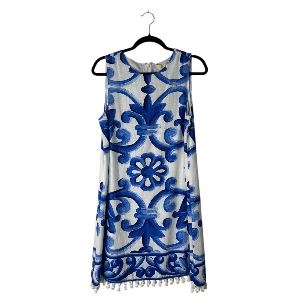 Farmers Market Shift Dress Womens Size M Linen Blend Sleeveless Pom Pom Trim